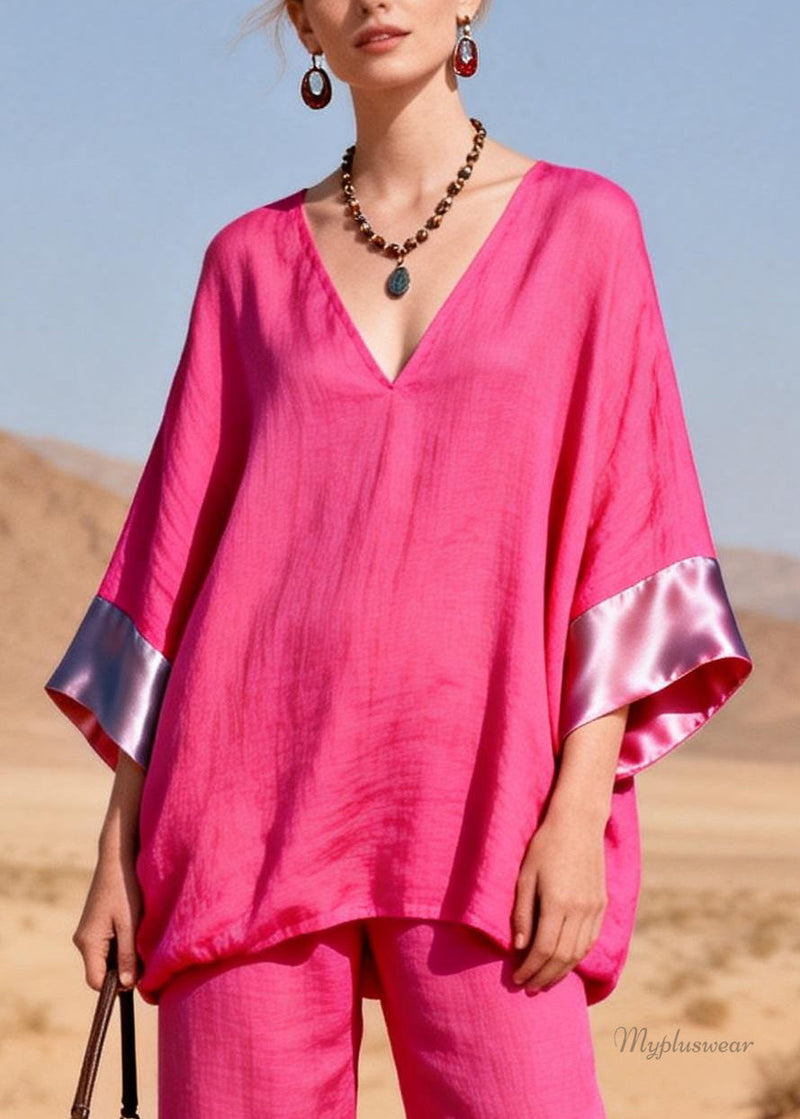 Rose V Neck Silk Patchwork Two Pieces Set Bracelet Sleeve