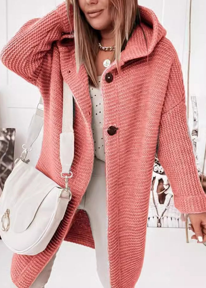 Rubber Red Hooded Button Knit Cardigans Fall