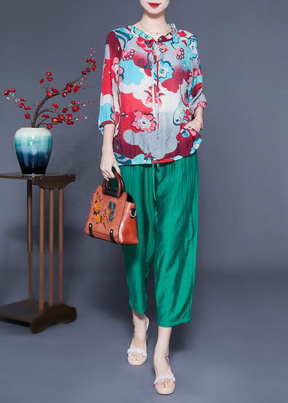 Ruffled Collar Print Cotton Linen Two Piece Set Clothing Spring