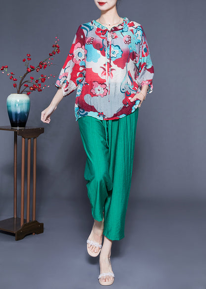 Ruffled Collar Print Cotton Linen Two Piece Set Clothing Spring