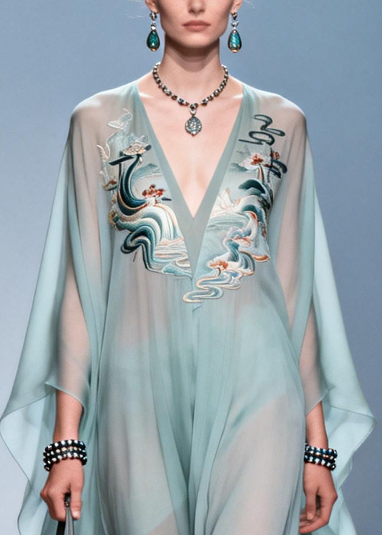 Sky Blue Print Draping Chiffon Maxi Dress Batwing Sleeve