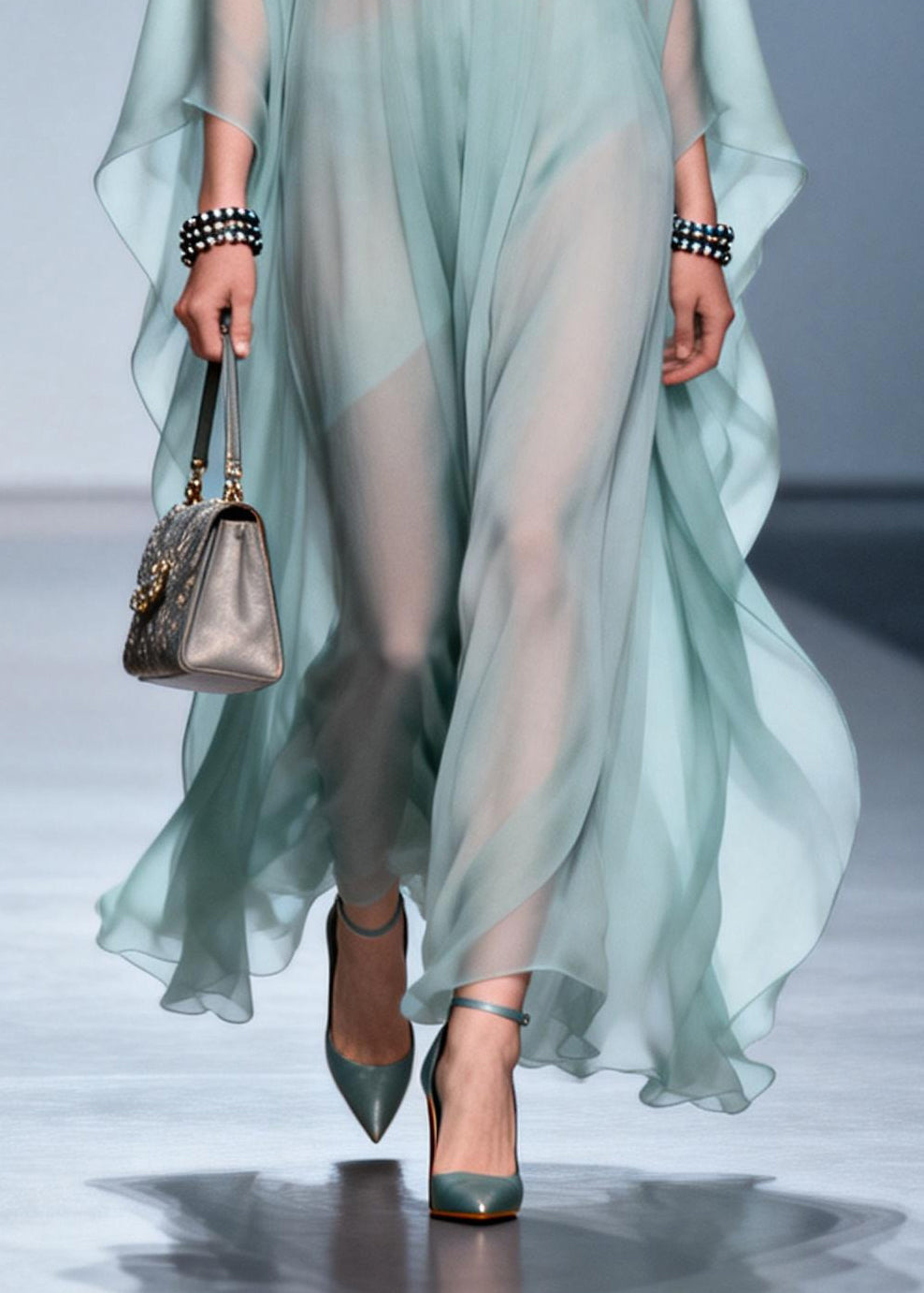 Sky Blue Print Draping Chiffon Maxi Dress Batwing Sleeve