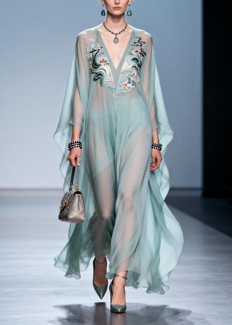Sky Blue Print Draping Chiffon Maxi Dress Batwing Sleeve