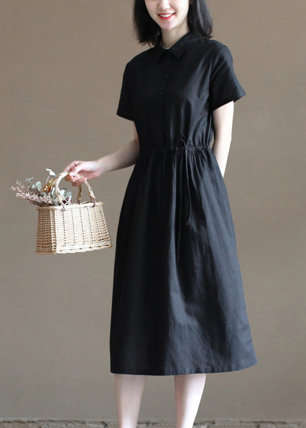 Black Drawstring Peter Pan Collar Button Cotton Linen Shirt Dress Short Sleeve