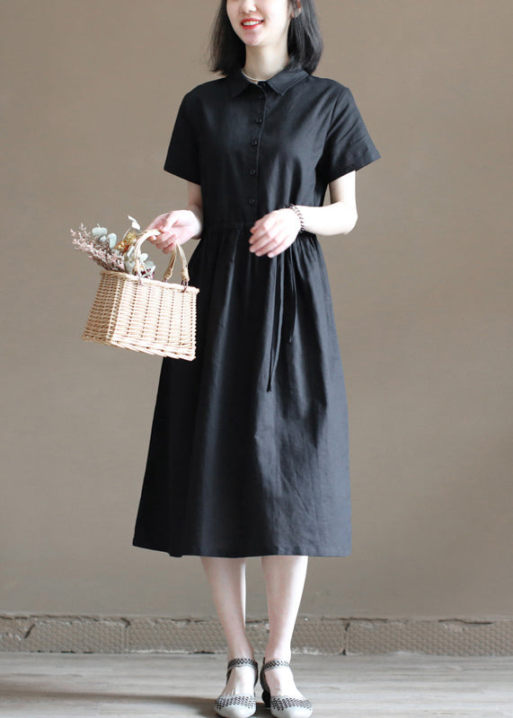 Black Drawstring Peter Pan Collar Button Cotton Linen Shirt Dress Short Sleeve