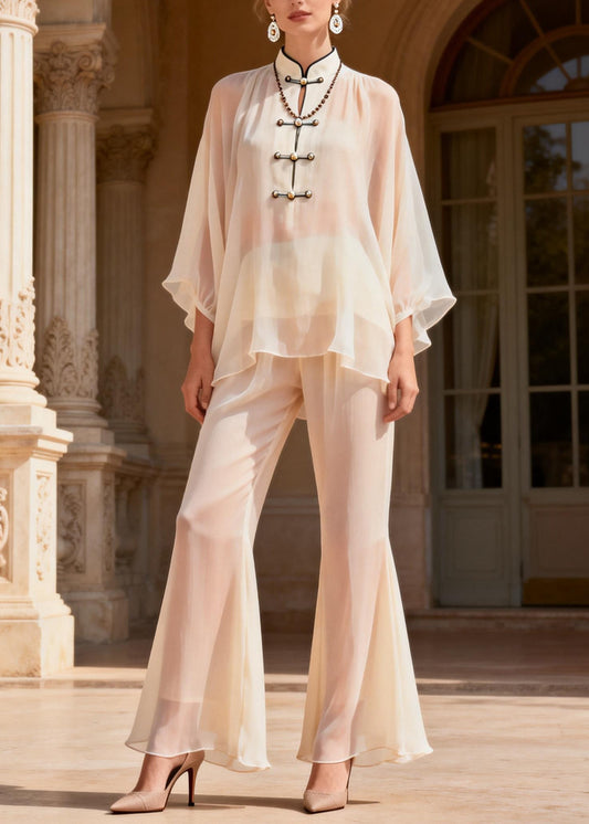 Stand Collar Chinese Button Patchwork Silk Two Piece Set Summer