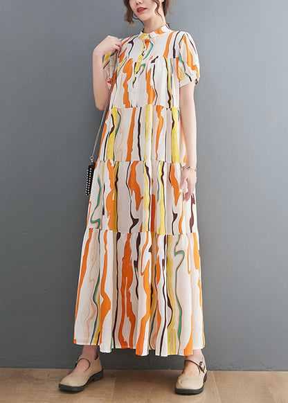 Stand Collar Exra Large Hem Print Cotton Ankle Dress Summer