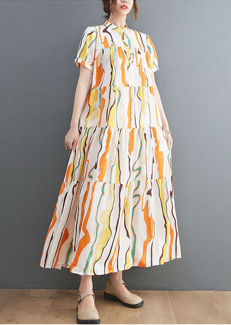 Stand Collar Exra Large Hem Print Cotton Ankle Dress Summer
