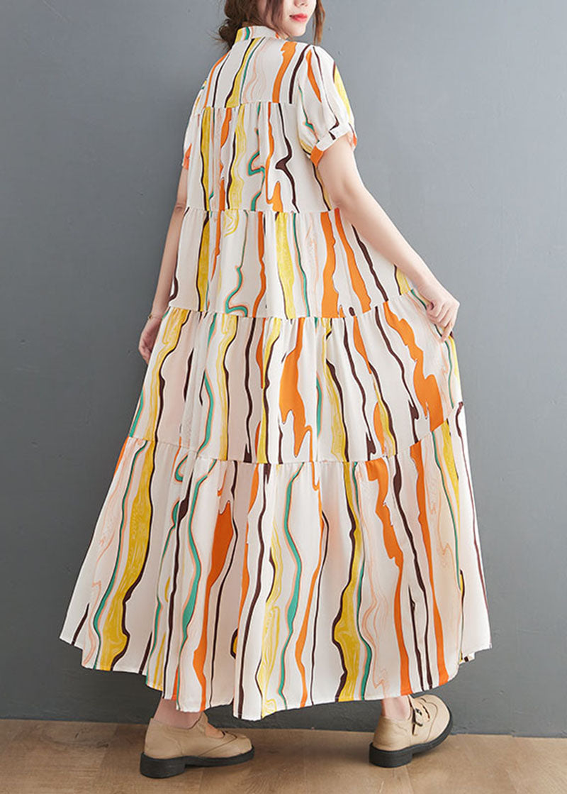 Stand Collar Exra Large Hem Print Cotton Ankle Dress Summer
