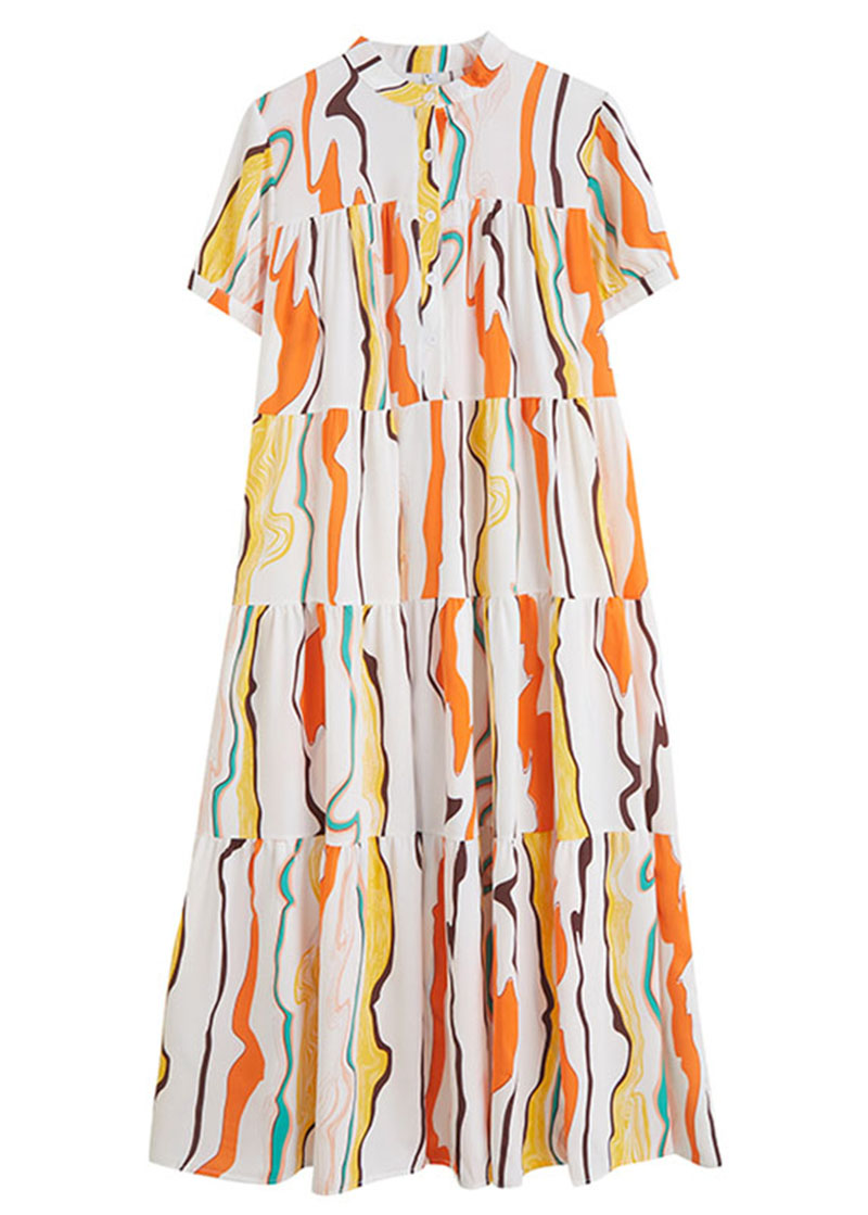Stand Collar Exra Large Hem Print Cotton Ankle Dress Summer