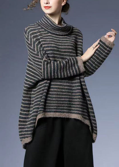 Striped Low High Design Cotton Knit Sweaters Batwing Sleeve