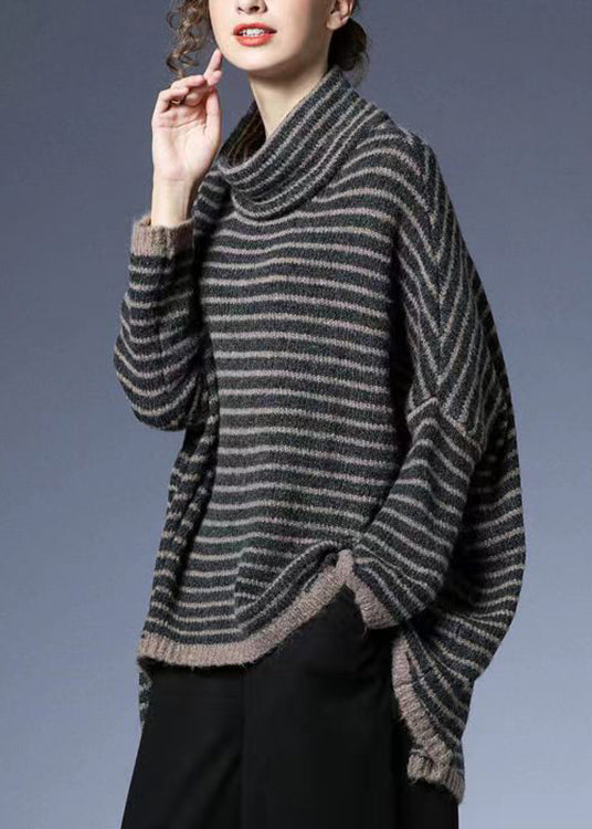 Striped Low High Design Cotton Knit Sweaters Batwing Sleeve