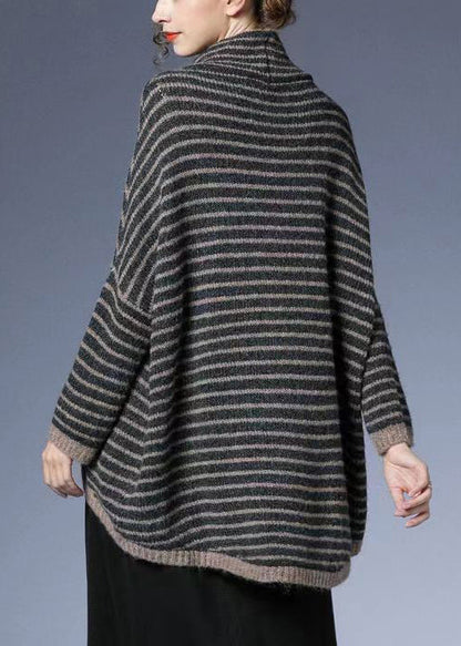 Striped Low High Design Cotton Knit Sweaters Batwing Sleeve