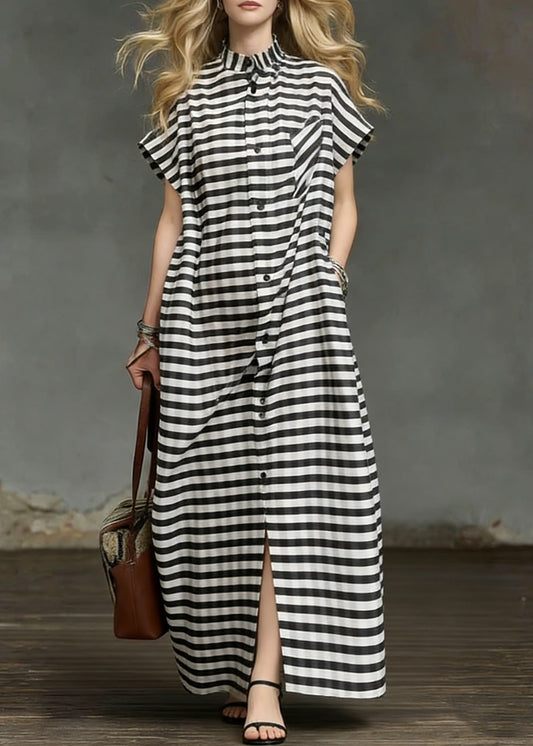 Striped Pockets Side Open Cotton Long Dresses Summer