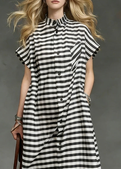 Striped Pockets Side Open Cotton Long Dresses Summer