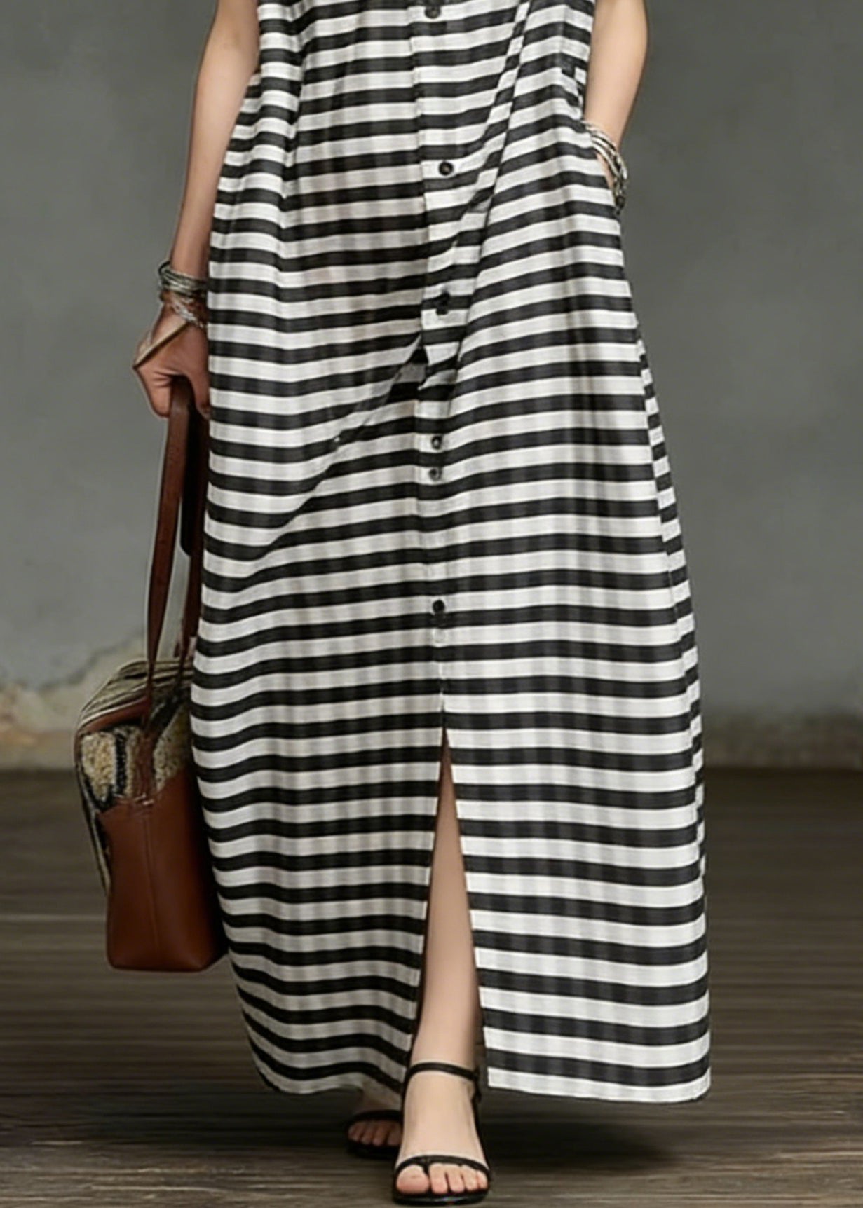 Striped Pockets Side Open Cotton Long Dresses Summer