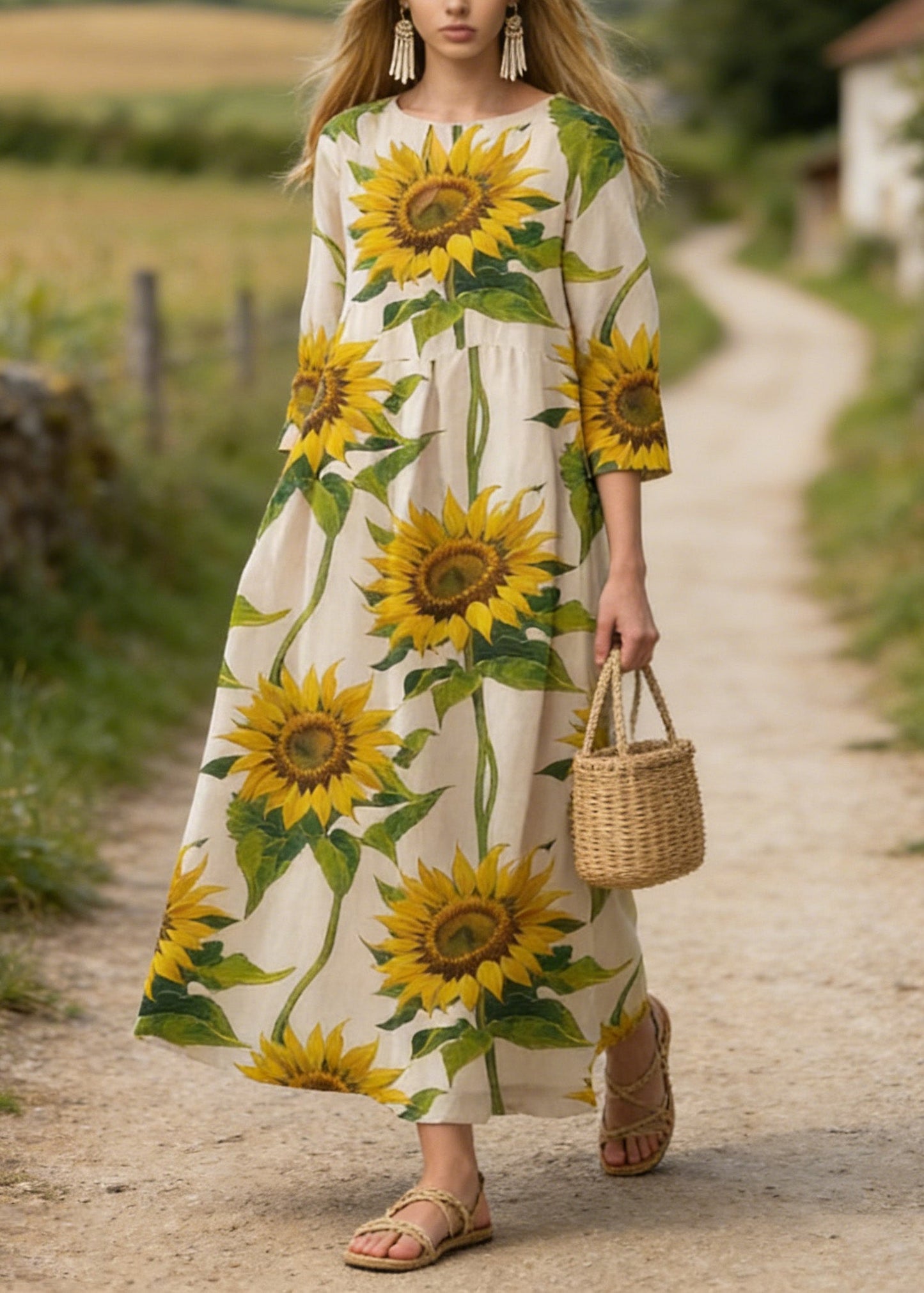 Sunflower Print Cotton Long Dress Summer