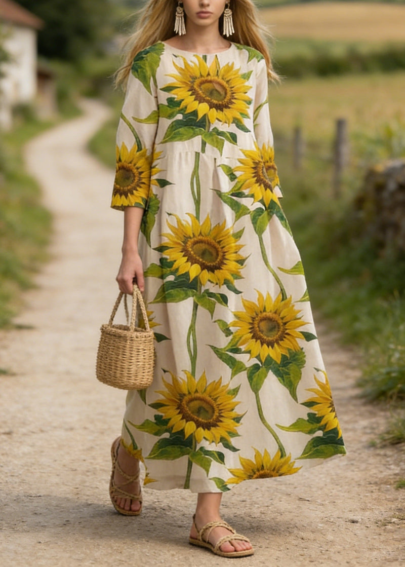 Sunflower Print Cotton Long Dress Summer