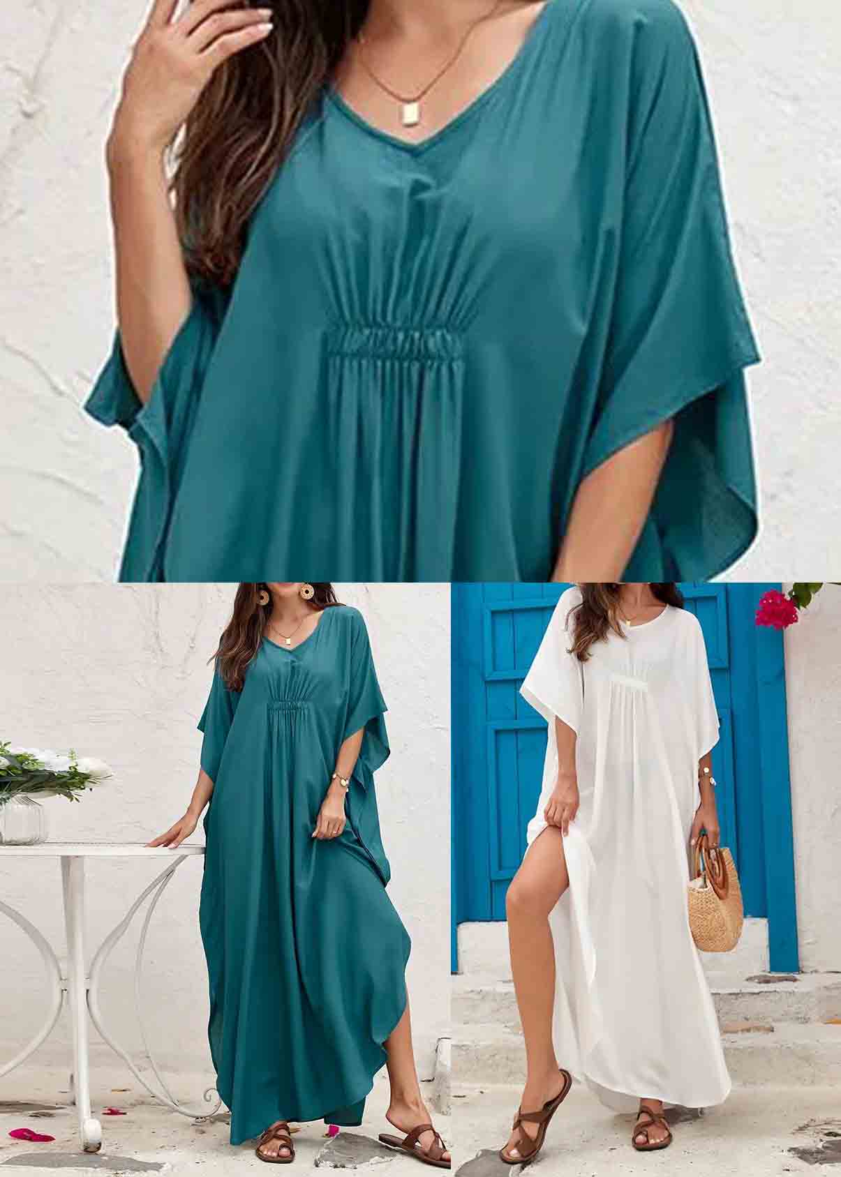 Tea Green Oversized Cotton Dress Batwing Sleeve
