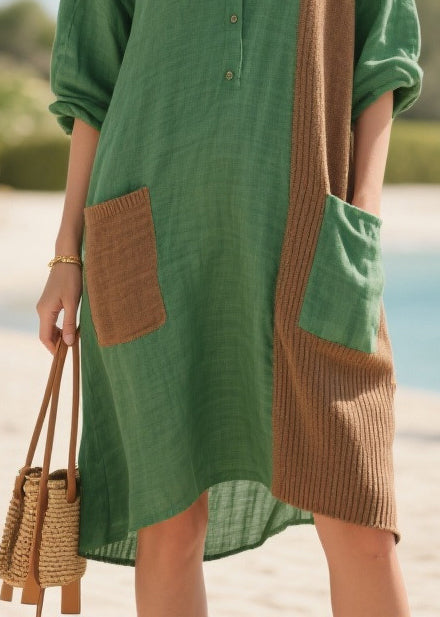 Tea Green Oversized Patchwork Pockets Cotton Mid Dresses Summer