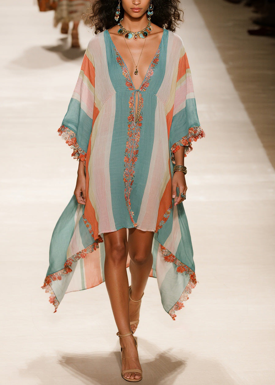 V Neck Asymmetrical Patchwork Cotton Dress Summer