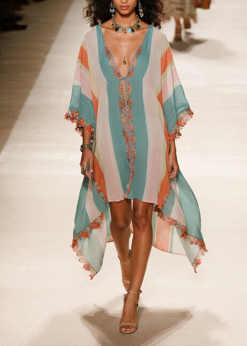 V Neck Asymmetrical Patchwork Cotton Dress Summer
