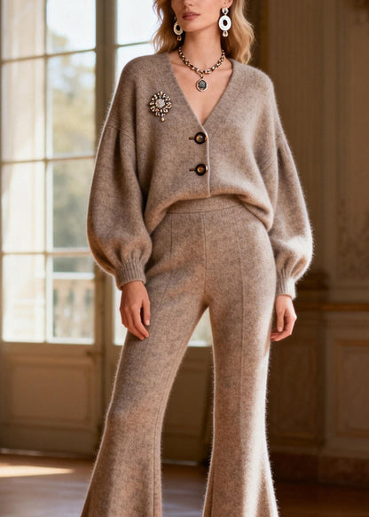 V Neck Button Top and Pants Knit Two Pieces Set Spring