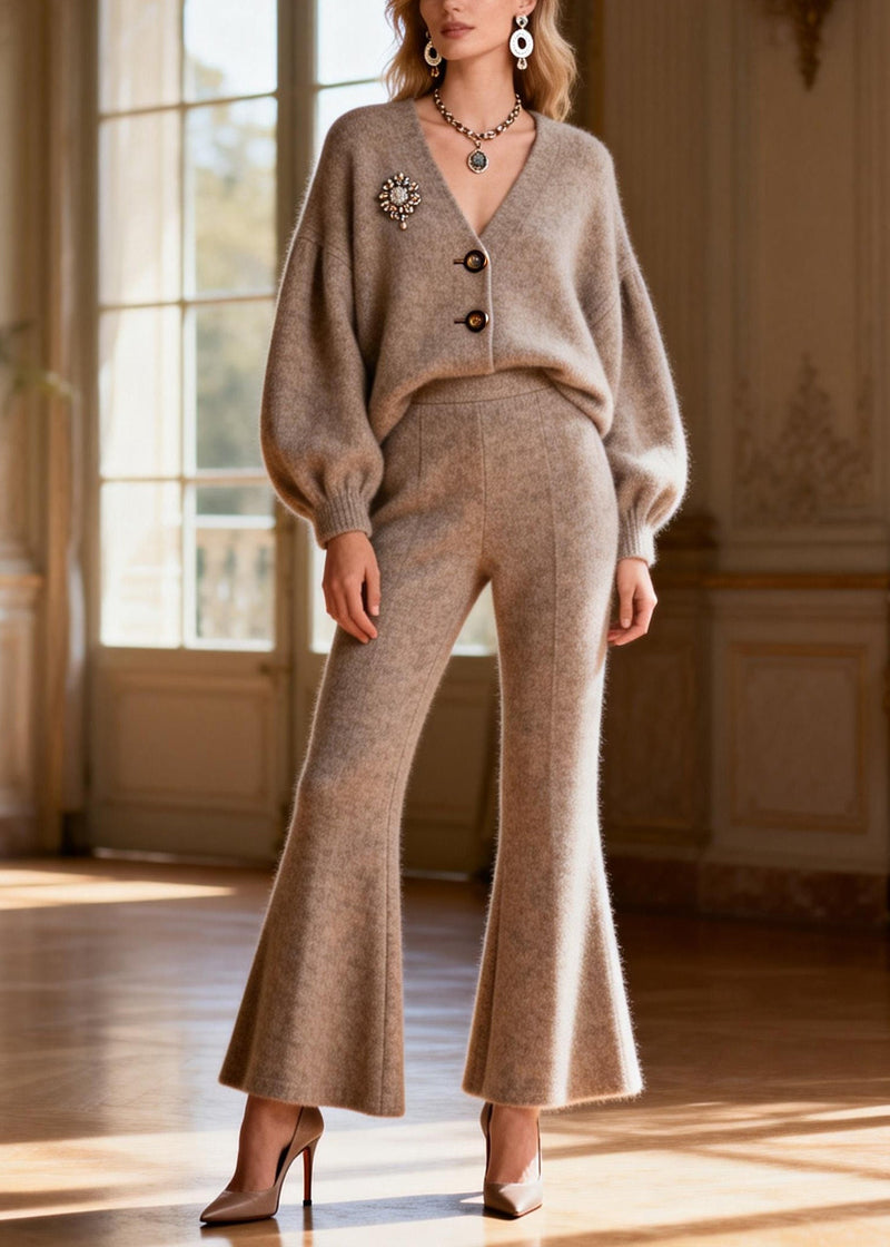 V Neck Button Top and Pants Knit Two Pieces Set Spring