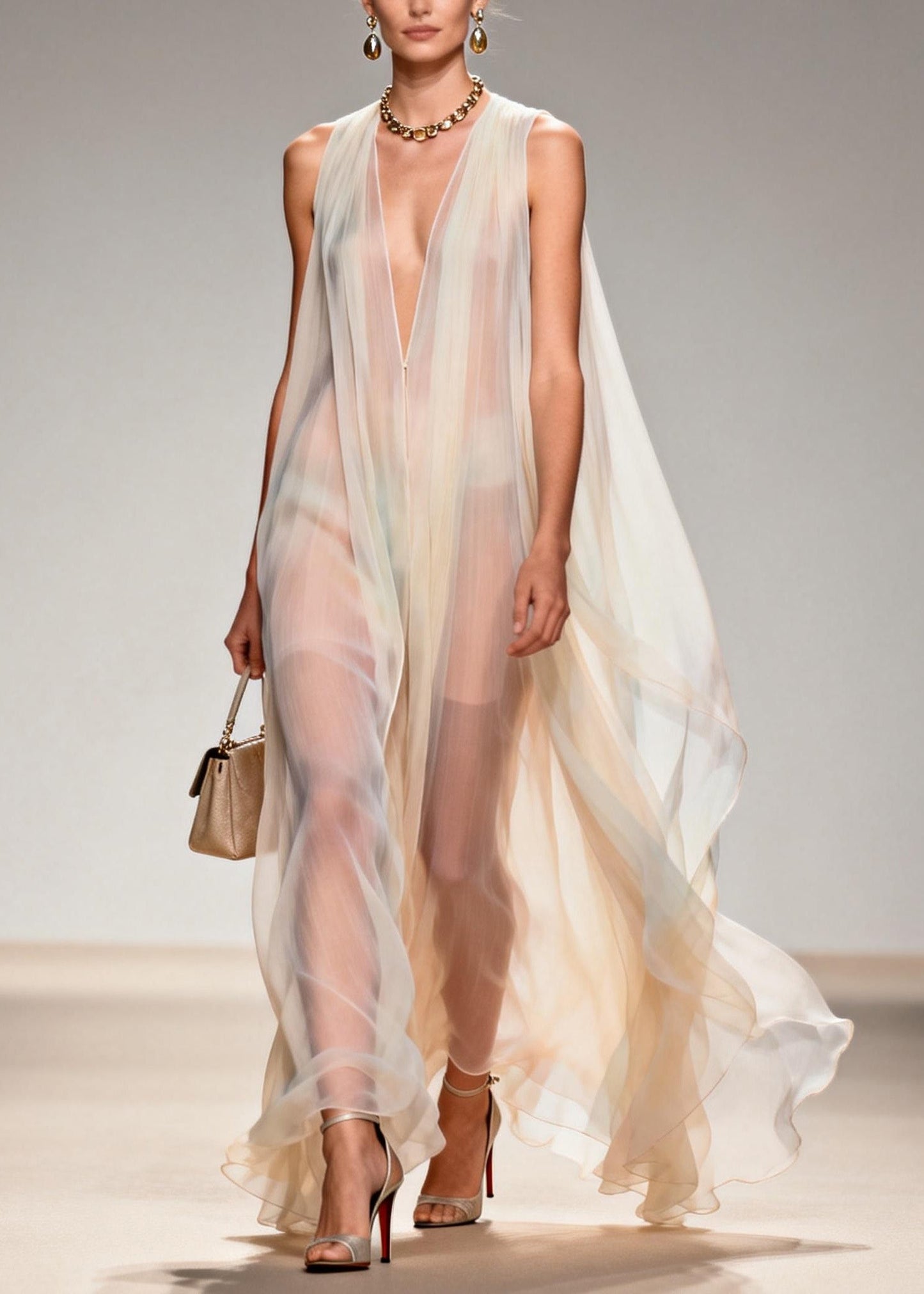 V Neck Chiffon Long Dresses Sleeveless