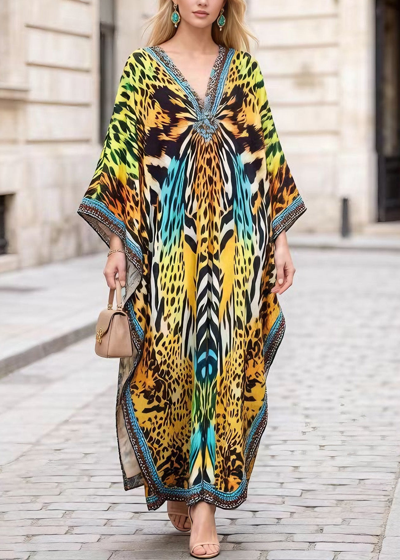 V Neck Leopard Print Chiffon Long Dress Summer