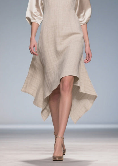 V Neck Patchwork Linen Silk Dress Summer