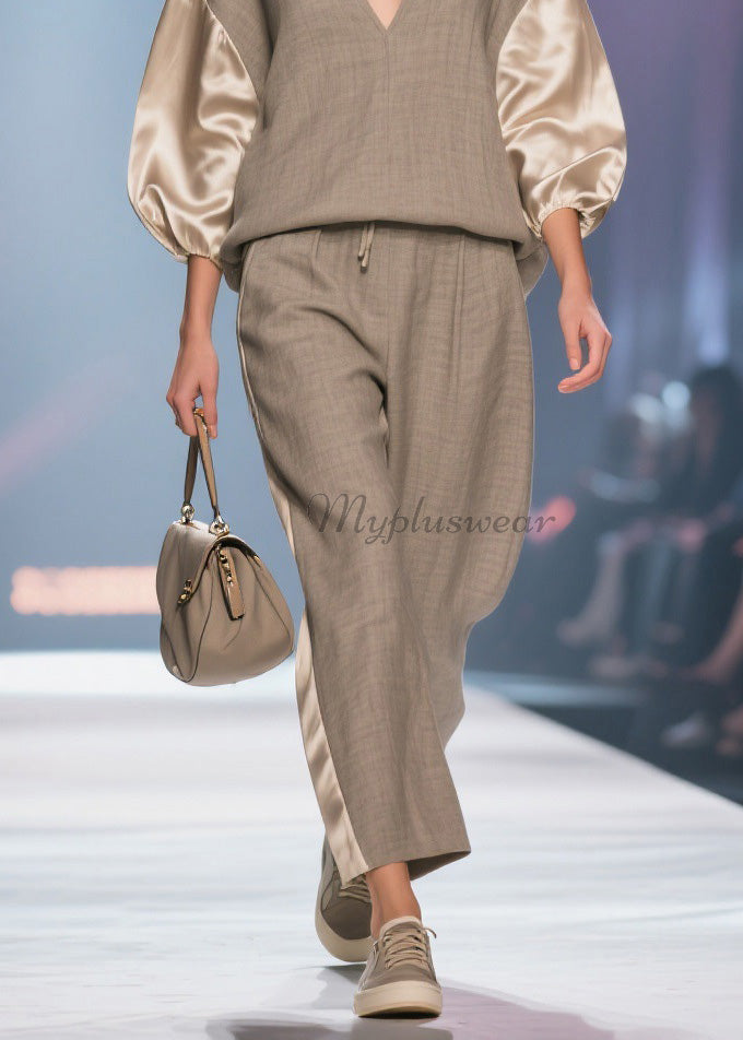 V Neck Patchwork Linen Silk Two Pieces Set Spring