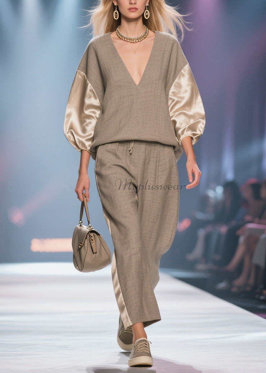 V Neck Patchwork Linen Silk Two Pieces Set Spring