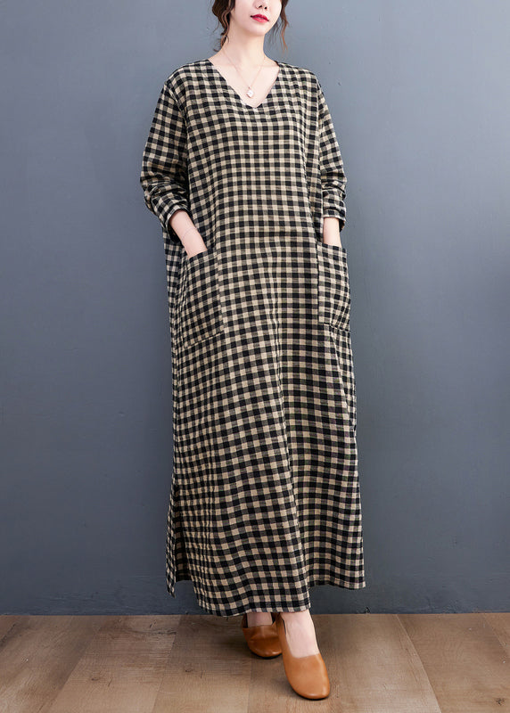 V Neck Plaid Pockets Cotton Long Dress Summer