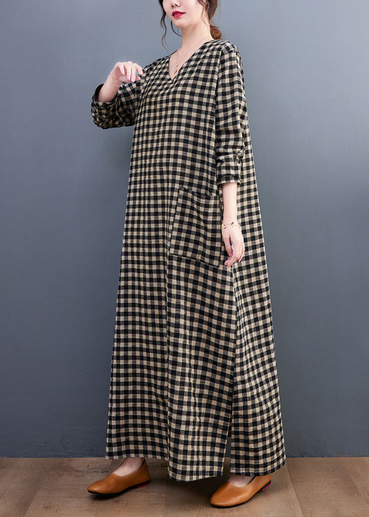 V Neck Plaid Pockets Cotton Long Dress Summer