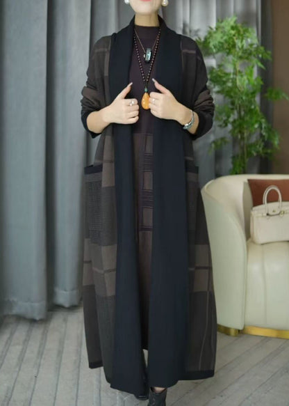 V Neck Plaid Pockets Knit Cardigans Winter