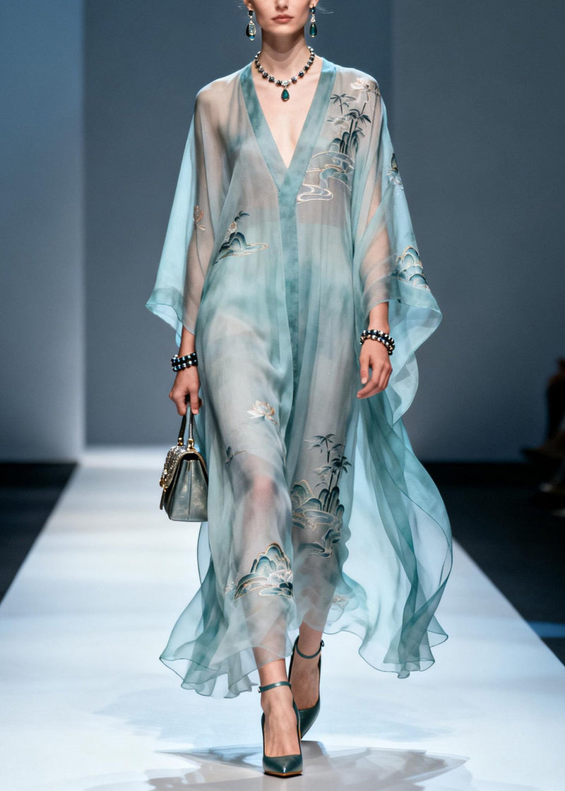 V Neck Print Chiffon Long Dress Summer