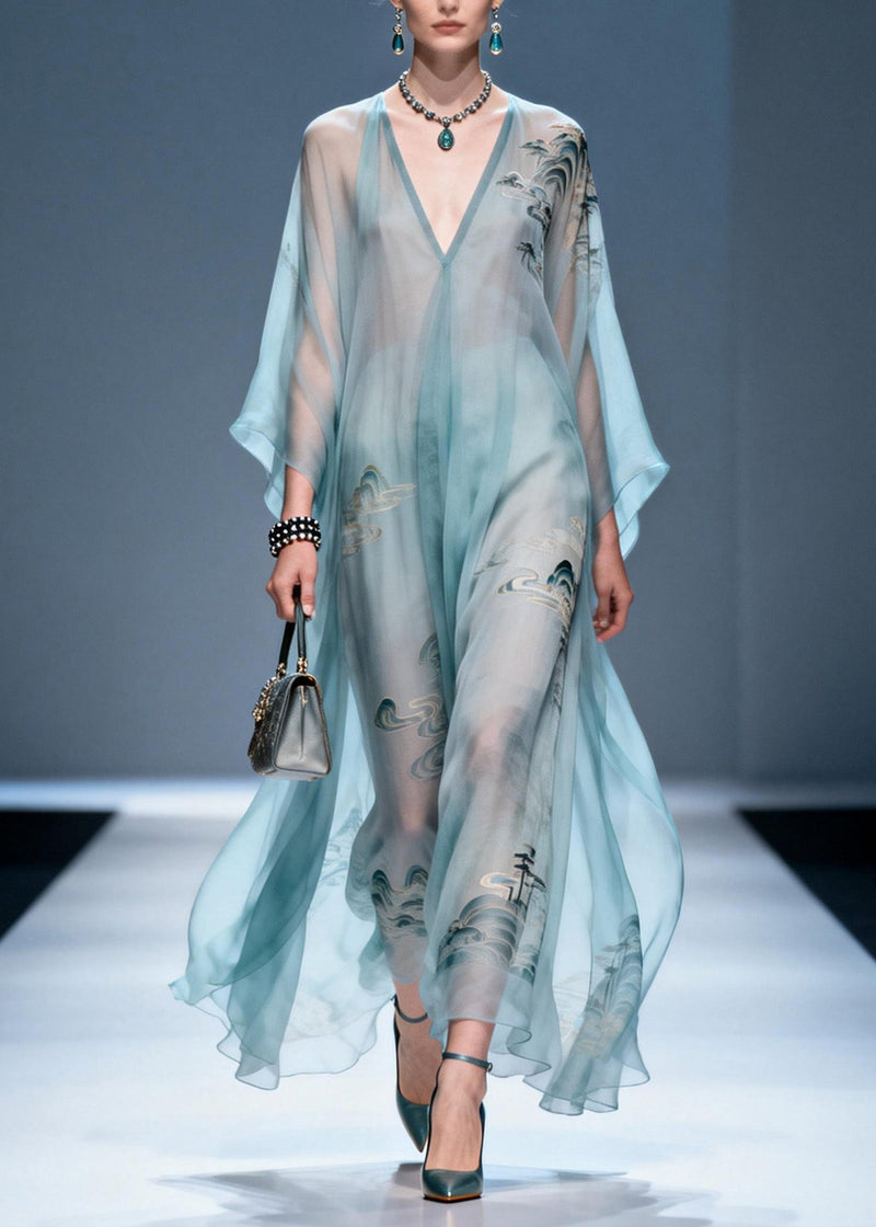 V Neck Print Chiffon Long Dresses Summer