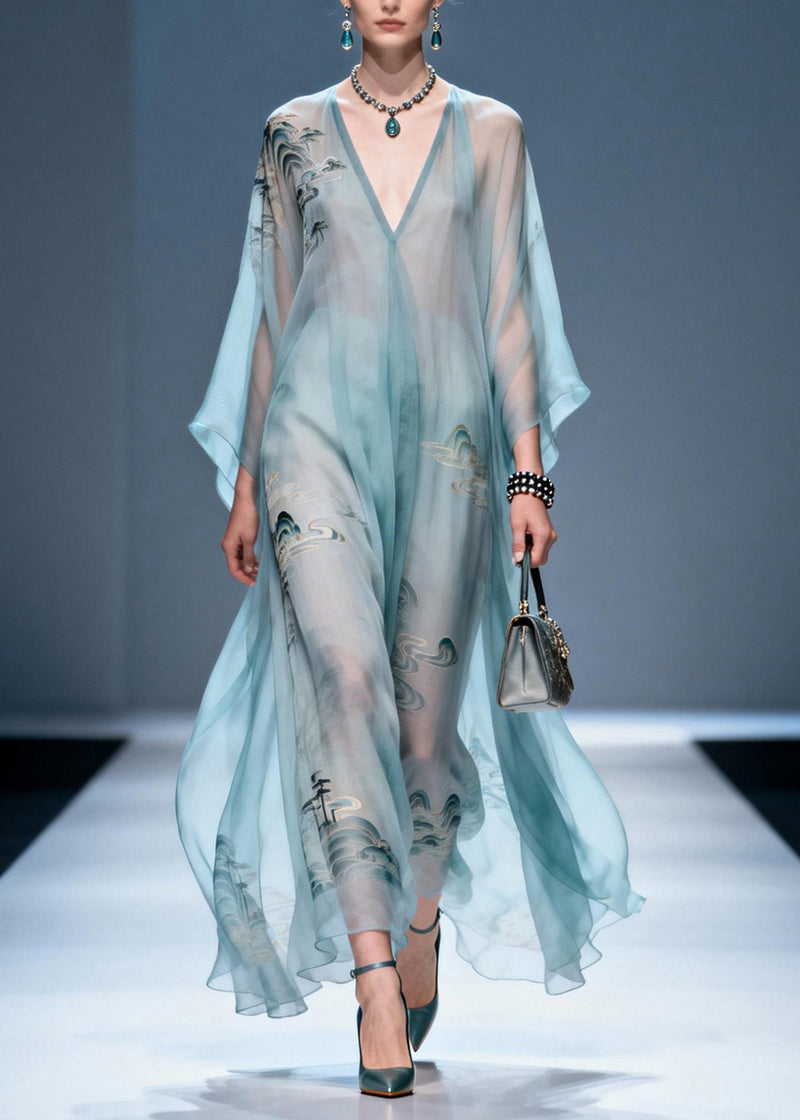 V Neck Print Chiffon Long Dresses Summer
