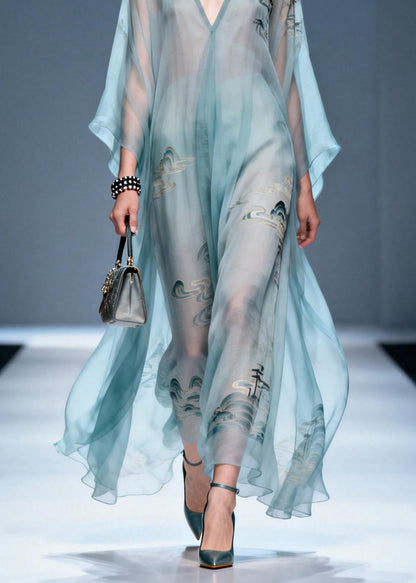 V Neck Print Chiffon Long Dresses Summer