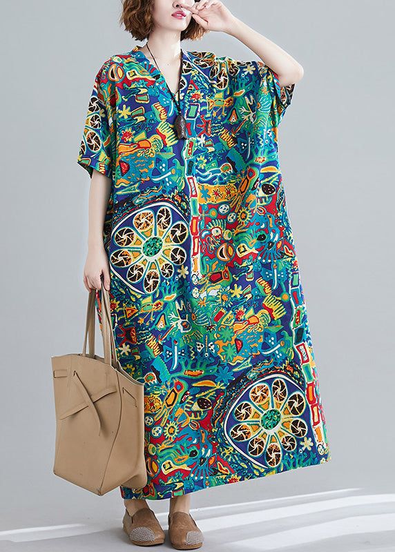 V Neck Print Holiday Long Dress Short Sleeve