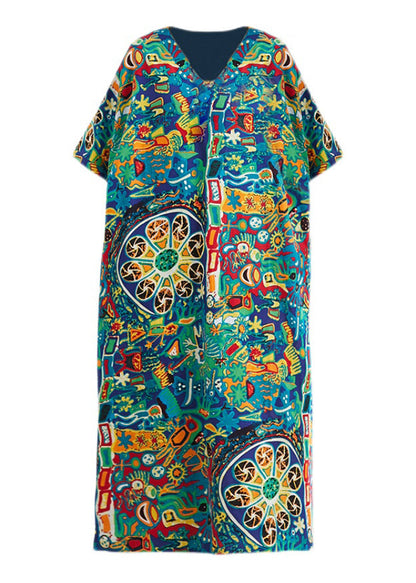 V Neck Print Holiday Long Dress Short Sleeve