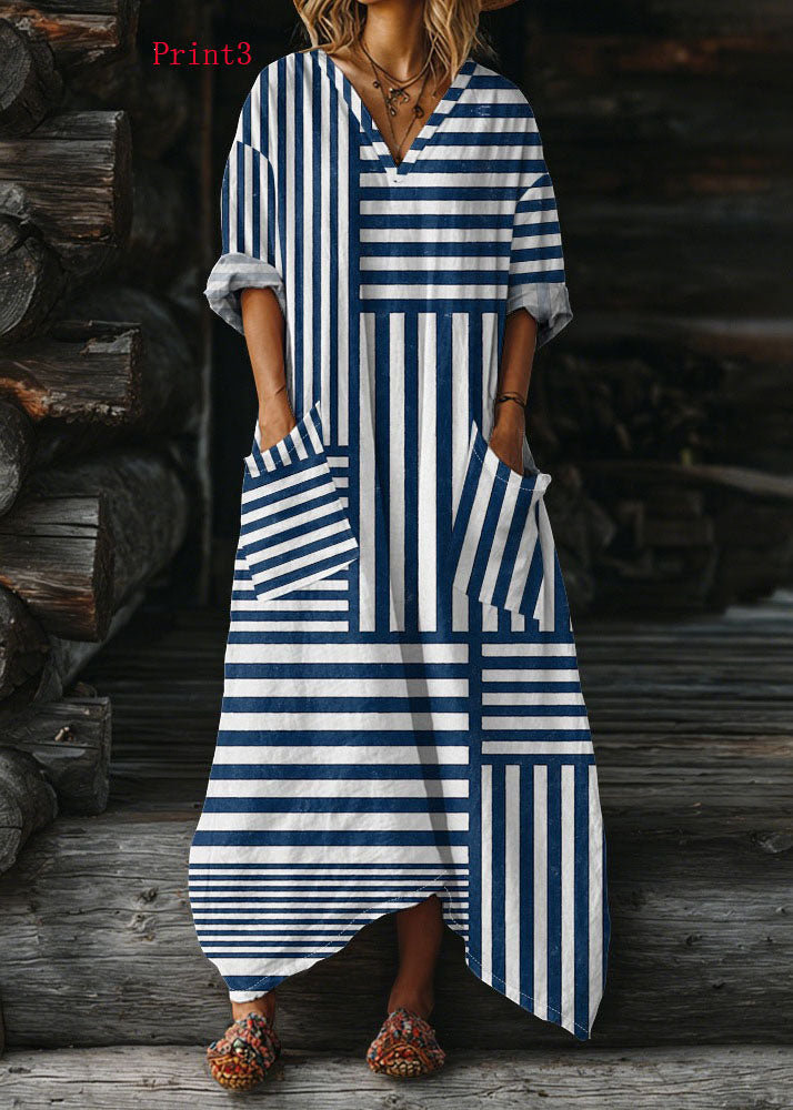 V Neck Print Pockets Cotton Long Dress Summer