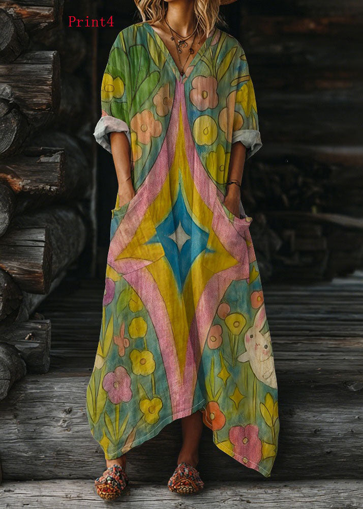 V Neck Print Pockets Cotton Long Dress Summer