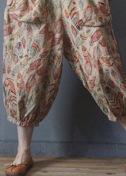 V Neck Print Pockets Linen Jumpsuit Half Sleeve