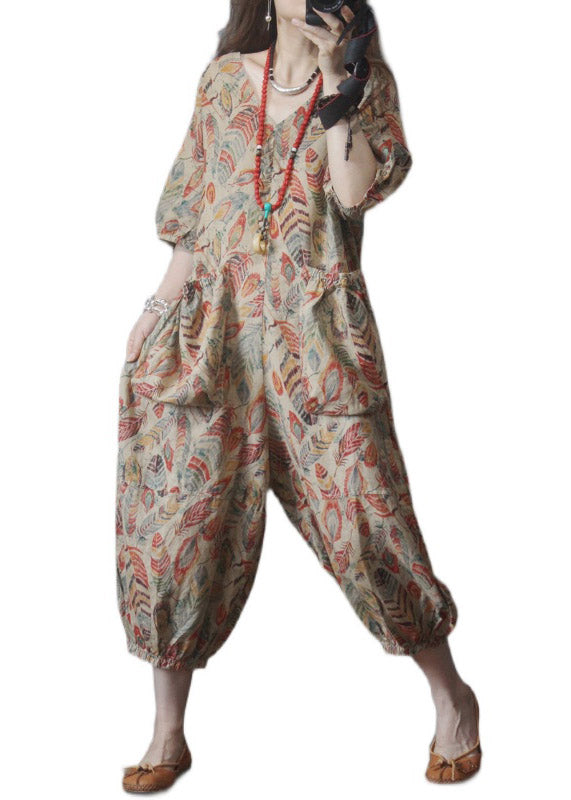 V Neck Print Pockets Linen Jumpsuit Half Sleeve