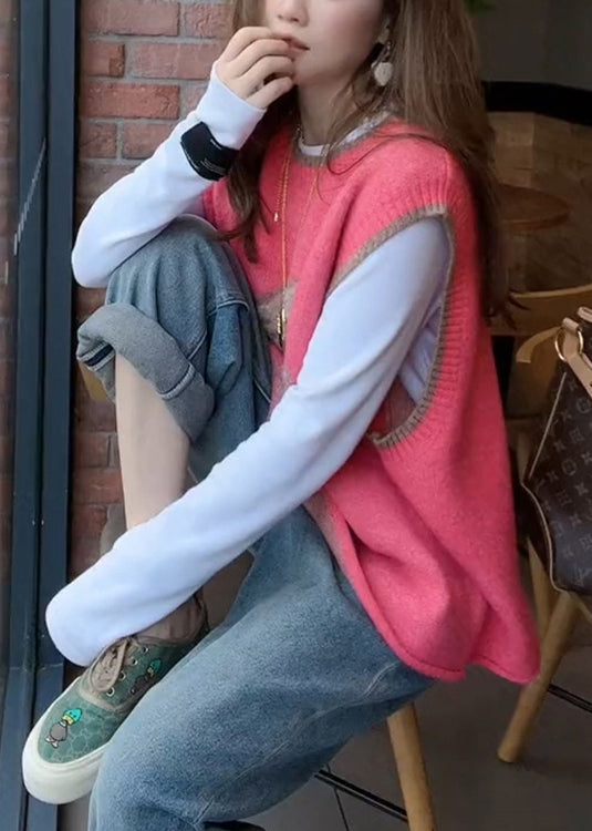 Watermelon Red O Neck Cozy Knit Waistcoat Sleeveless