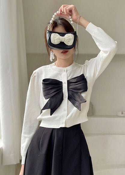 White Button Bow Knit Shirt Tops Spring