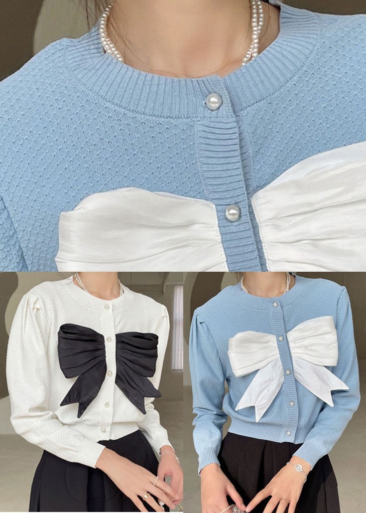 White Button Bow Knit Shirt Tops Spring