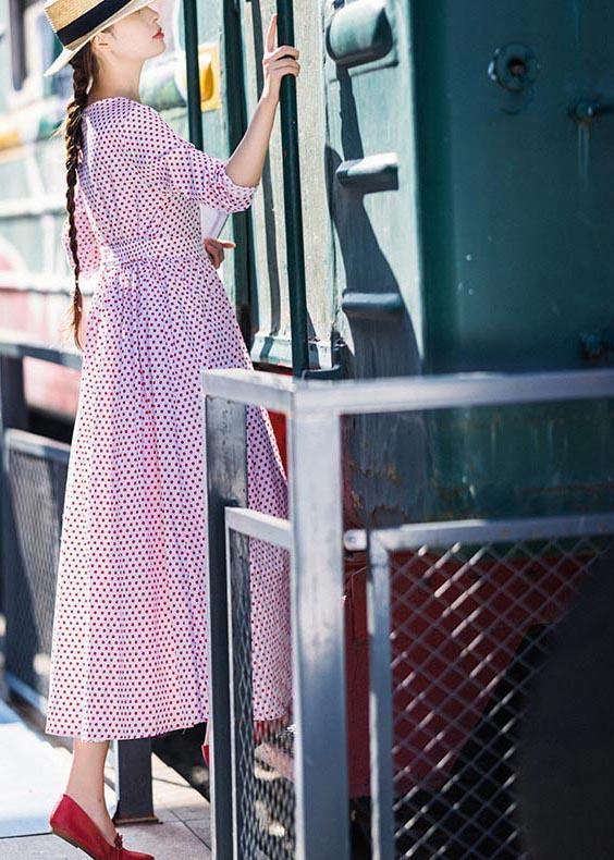 White Dot Cinched Button Long Summer Cotton Dress